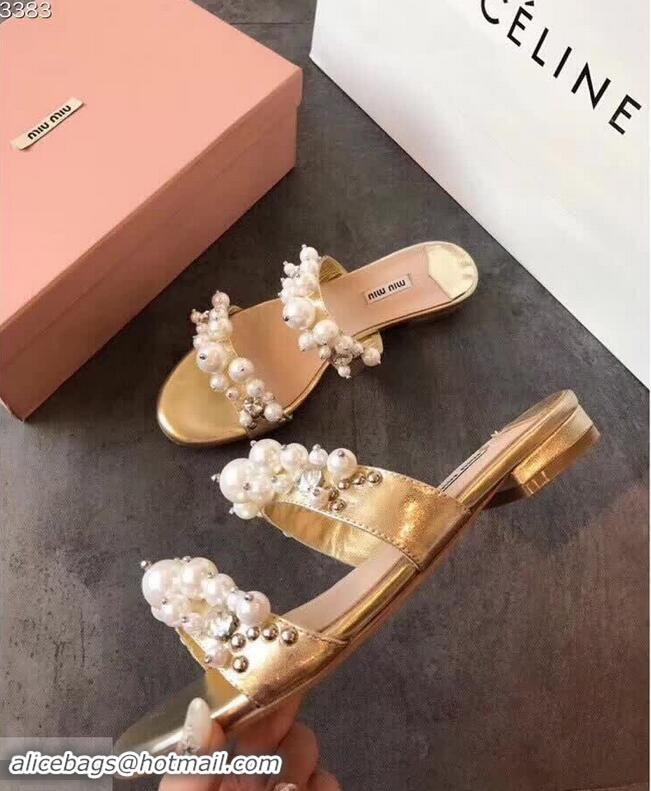 Super Quality Miu Miu Satin Flat Sandals with Pearls MM8935 Gold