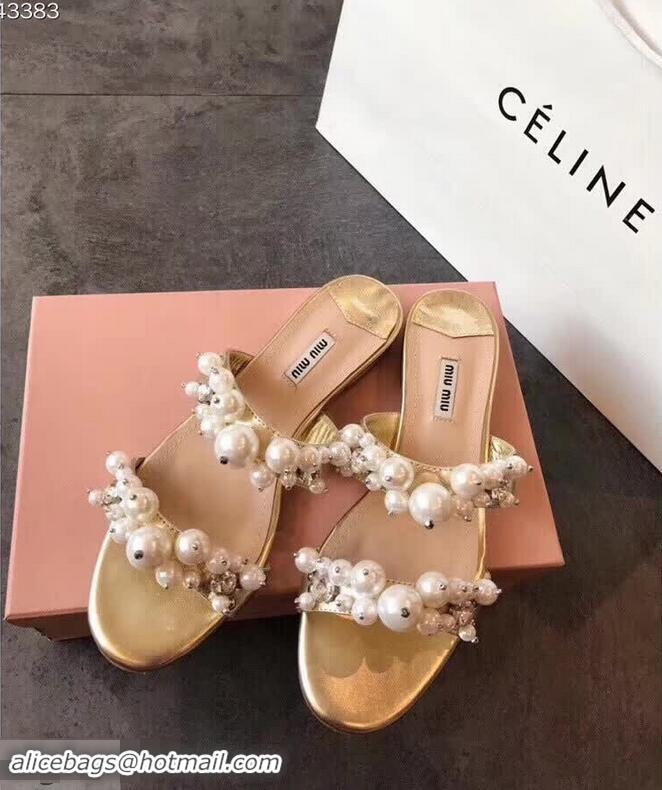 Super Quality Miu Miu Satin Flat Sandals with Pearls MM8935 Gold