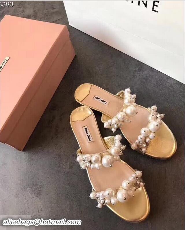 Super Quality Miu Miu Satin Flat Sandals with Pearls MM8935 Gold