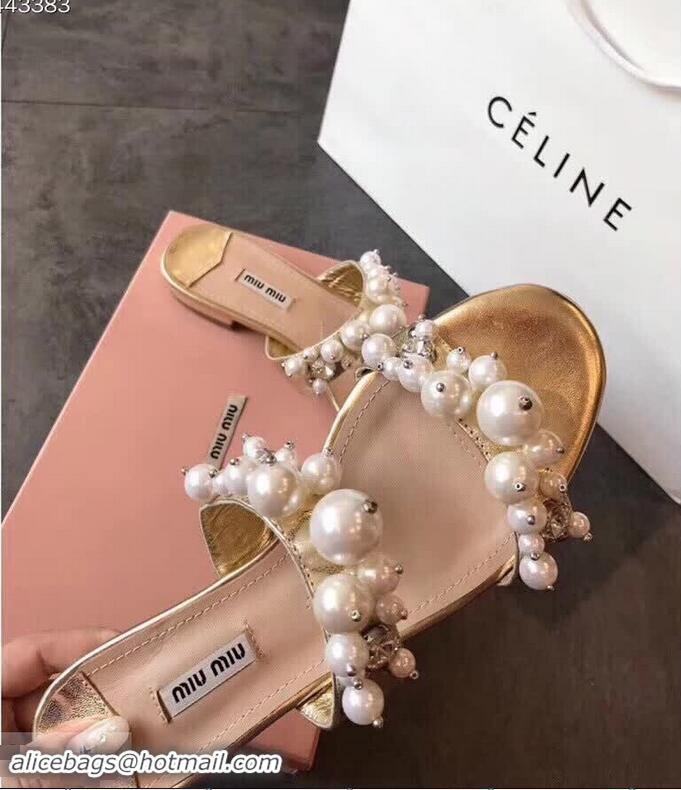 Super Quality Miu Miu Satin Flat Sandals with Pearls MM8935 Gold