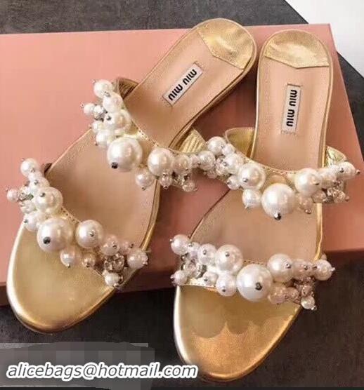 Super Quality Miu Miu Satin Flat Sandals with Pearls MM8935 Gold