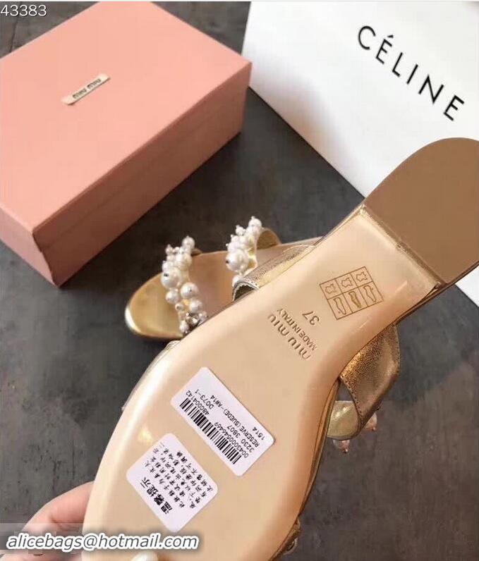 Super Quality Miu Miu Satin Flat Sandals with Pearls MM8935 Gold