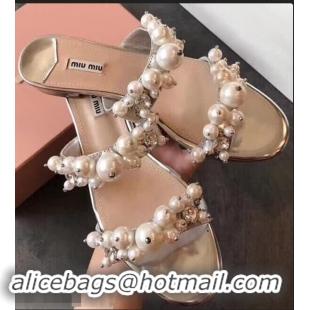 Shop Inexpensive Miu Miu Satin Flat Sandals with Pearls MM8935 Silver