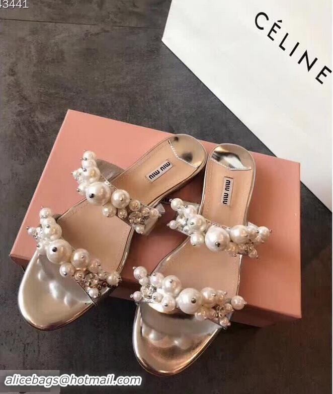 Shop Inexpensive Miu Miu Satin Flat Sandals with Pearls MM8935 Silver