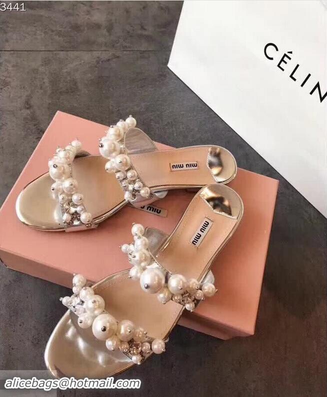 Shop Inexpensive Miu Miu Satin Flat Sandals with Pearls MM8935 Silver