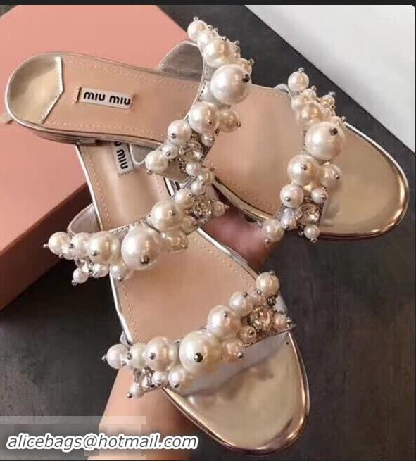 Shop Inexpensive Miu Miu Satin Flat Sandals with Pearls MM8935 Silver