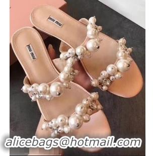 Hot Sell Miu Miu Satin Flat Sandals with Pearls MM8935 Nude