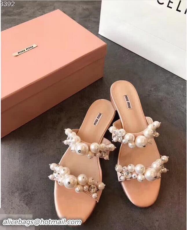 Hot Sell Miu Miu Satin Flat Sandals with Pearls MM8935 Nude