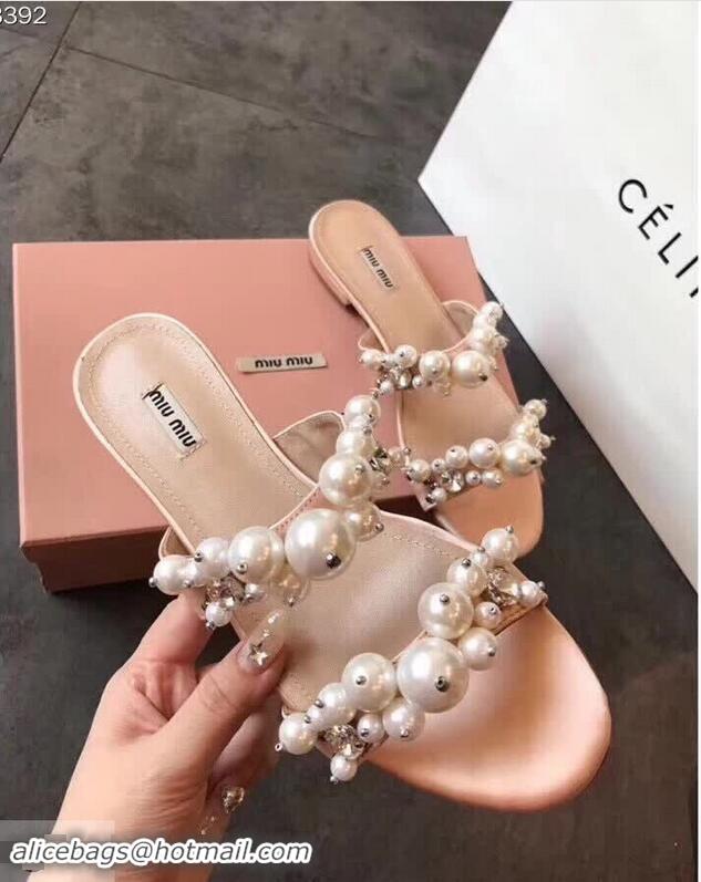 Hot Sell Miu Miu Satin Flat Sandals with Pearls MM8935 Nude