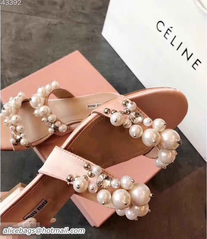 Hot Sell Miu Miu Satin Flat Sandals with Pearls MM8935 Nude