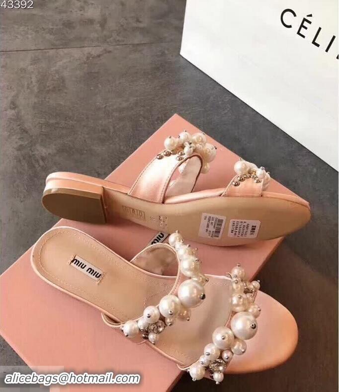 Hot Sell Miu Miu Satin Flat Sandals with Pearls MM8935 Nude