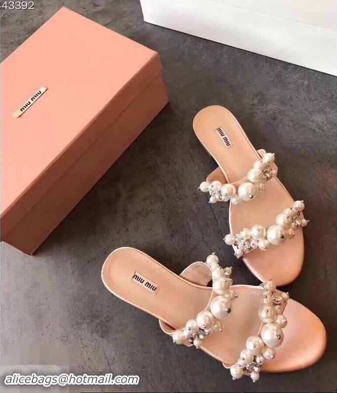 Hot Sell Miu Miu Satin Flat Sandals with Pearls MM8935 Nude