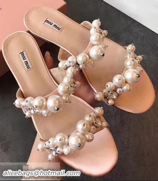 Hot Sell Miu Miu Satin Flat Sandals with Pearls MM8935 Nude