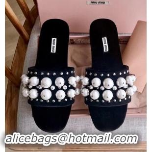 Buy Inexpensive Miu Miu Velvet Flat Sandals with Pearl MM8124 Black