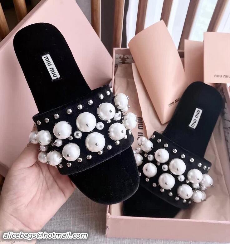 Buy Inexpensive Miu Miu Velvet Flat Sandals with Pearl MM8124 Black