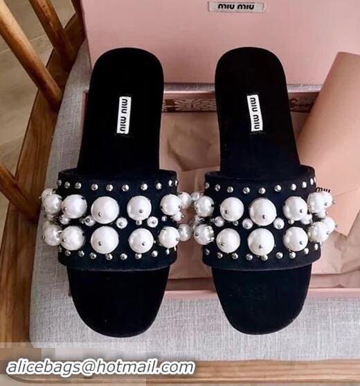 Buy Inexpensive Miu Miu Velvet Flat Sandals with Pearl MM8124 Black