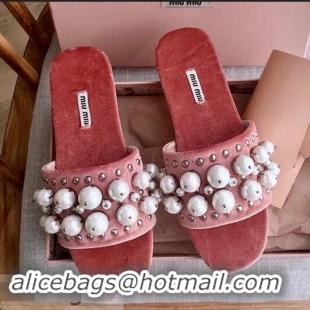 Famous Discount Miu Miu Velvet Flat Sandals with Pearl MM8124 Pink