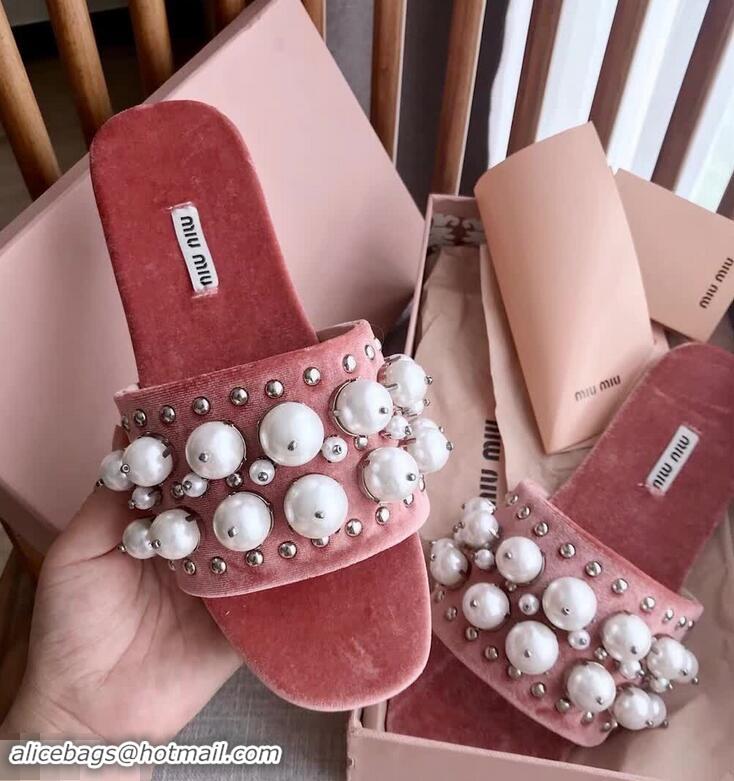 Famous Discount Miu Miu Velvet Flat Sandals with Pearl MM8124 Pink