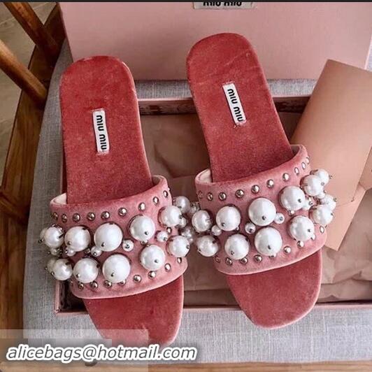 Famous Discount Miu Miu Velvet Flat Sandals with Pearl MM8124 Pink