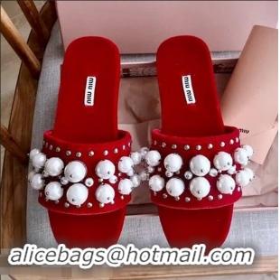 Cheap Miu Miu Velvet Flat Sandals with Pearl MM8124 Red