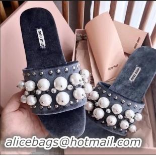 Promotional Miu Miu Velvet Flat Sandals with Pearl MM8124 Blue