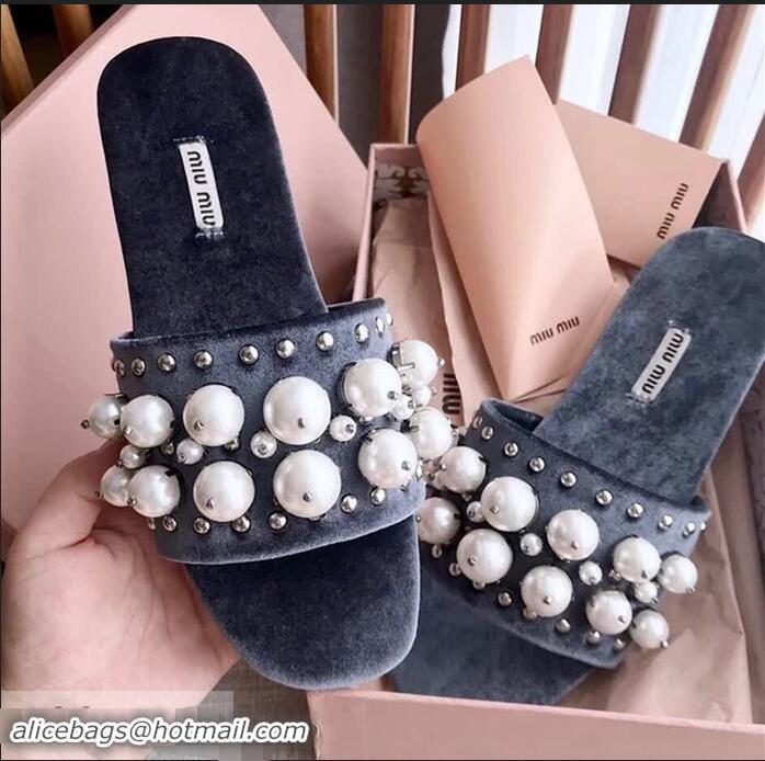 Promotional Miu Miu Velvet Flat Sandals with Pearl MM8124 Blue