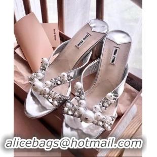 New Style Miu Miu Laminated Leather Sandals with Pearls 60mm Heel Y8128 Silver