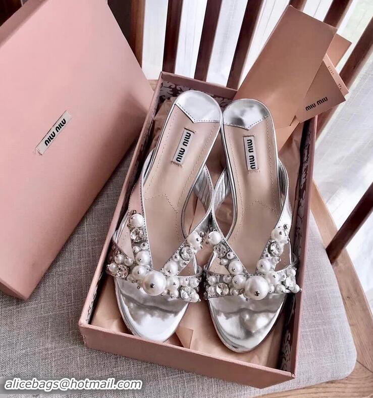 New Style Miu Miu Laminated Leather Sandals with Pearls 60mm Heel Y8128 Silver