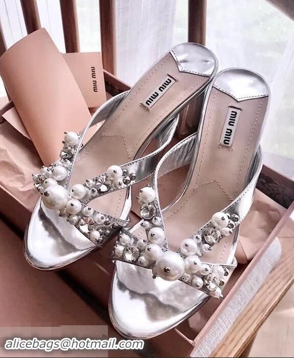 New Style Miu Miu Laminated Leather Sandals with Pearls 60mm Heel Y8128 Silver