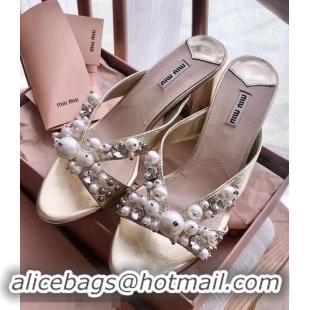 Top Design Miu Miu Laminated Leather Sandals with Pearls 60mm Heel Y8128 Pale Gold