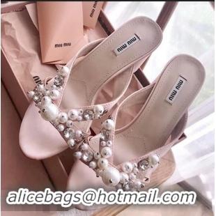 Cheapest Miu Miu Laminated Leather Sandals with Pearls 60mm Heel Y8128 Pink