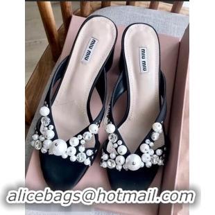 Most Popular Miu Miu Laminated Leather Sandals with Pearls 60mm Heel Y8128 Black