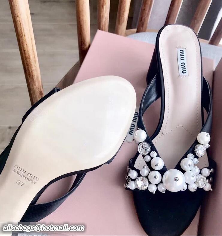 Most Popular Miu Miu Laminated Leather Sandals with Pearls 60mm Heel Y8128 Black