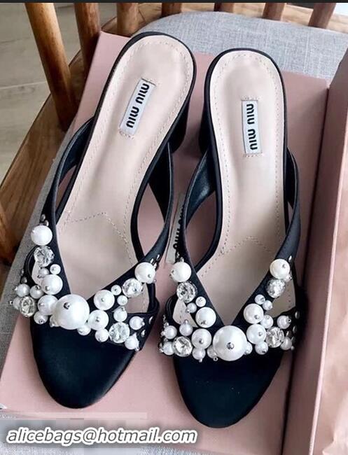 Most Popular Miu Miu Laminated Leather Sandals with Pearls 60mm Heel Y8128 Black