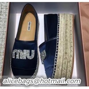 Good Product Miu Miu Velvet Crystal Logo Platform Espadrilles MM81001 Dark Blue