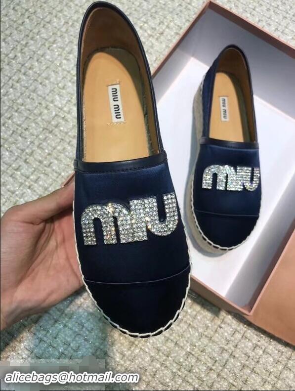 Good Product Miu Miu Velvet Crystal Logo Platform Espadrilles MM81001 Dark Blue