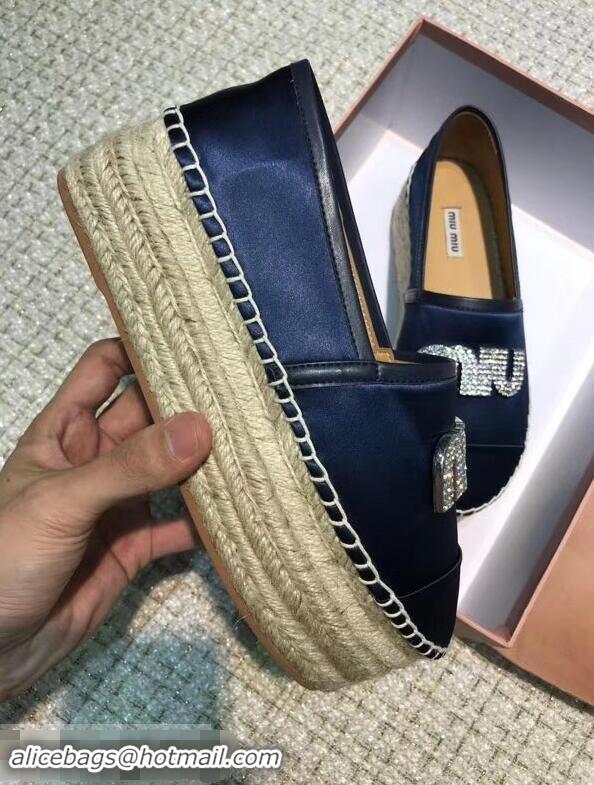 Good Product Miu Miu Velvet Crystal Logo Platform Espadrilles MM81001 Dark Blue