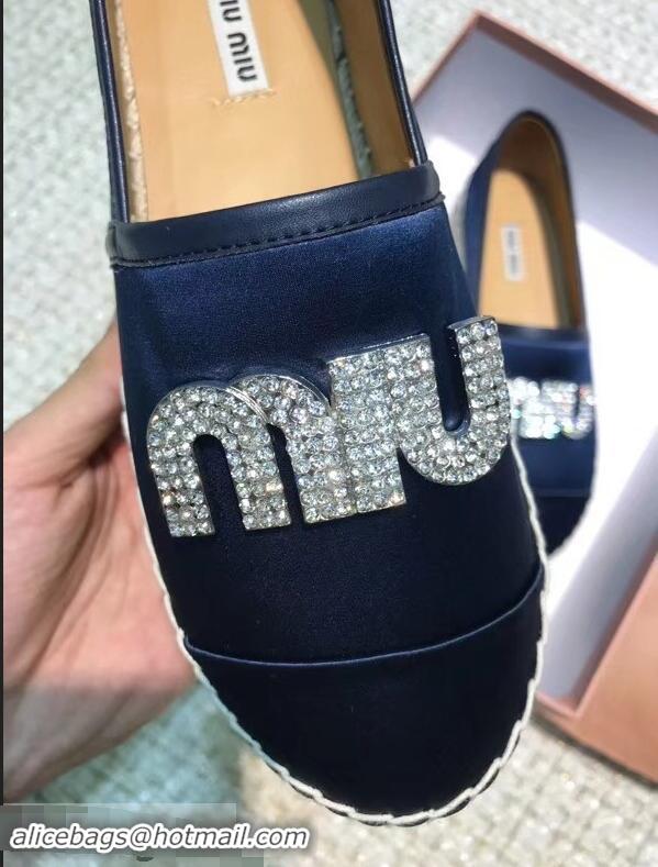 Good Product Miu Miu Velvet Crystal Logo Platform Espadrilles MM81001 Dark Blue