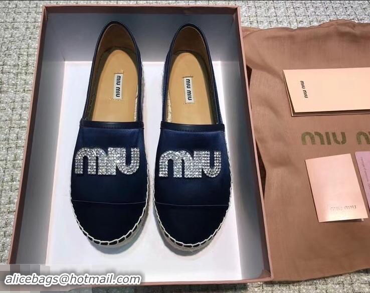 Good Product Miu Miu Velvet Crystal Logo Platform Espadrilles MM81001 Dark Blue