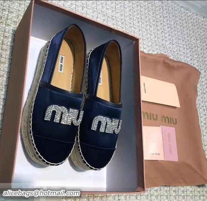 Good Product Miu Miu Velvet Crystal Logo Platform Espadrilles MM81001 Dark Blue