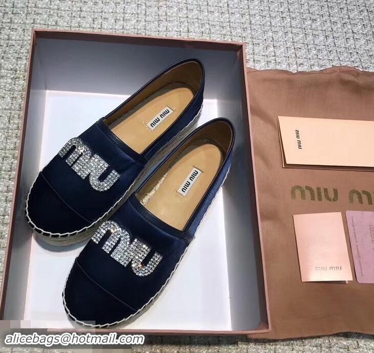 Good Product Miu Miu Velvet Crystal Logo Platform Espadrilles MM81001 Dark Blue