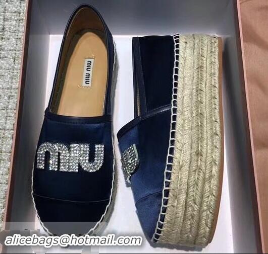 Good Product Miu Miu Velvet Crystal Logo Platform Espadrilles MM81001 Dark Blue