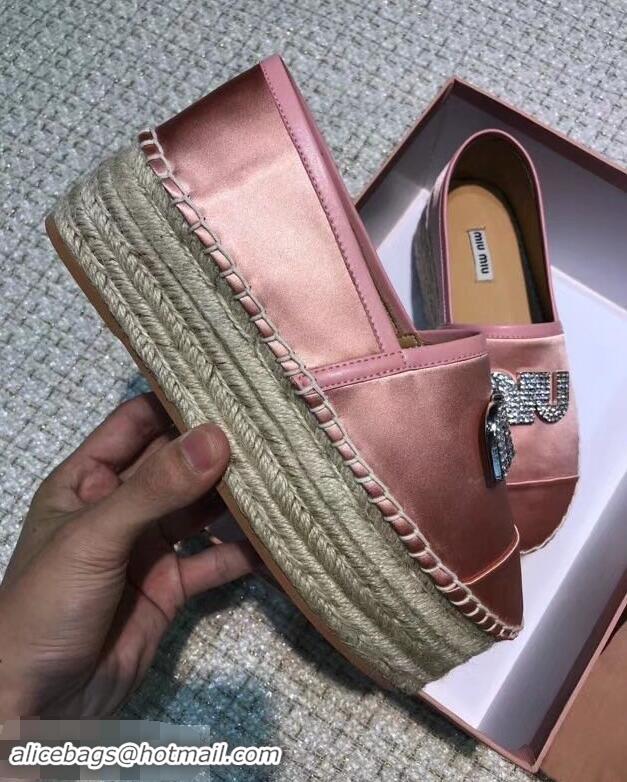 Noble Miu Miu Velvet Crystal Logo Platform Espadrilles MM81001 Nude Pink