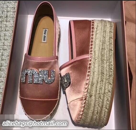 Noble Miu Miu Velvet Crystal Logo Platform Espadrilles MM81001 Nude Pink