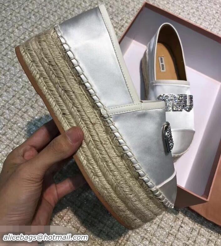 Unique Ladies Miu Miu Velvet Crystal Logo Platform Espadrilles MM81001 Silver