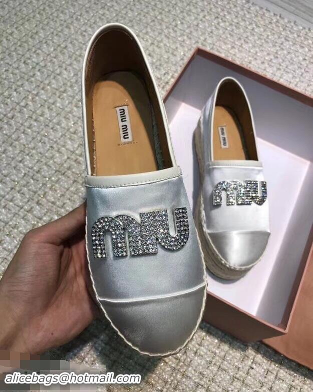 Unique Ladies Miu Miu Velvet Crystal Logo Platform Espadrilles MM81001 Silver