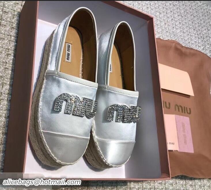 Unique Ladies Miu Miu Velvet Crystal Logo Platform Espadrilles MM81001 Silver