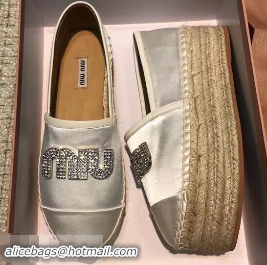 Unique Ladies Miu Miu Velvet Crystal Logo Platform Espadrilles MM81001 Silver