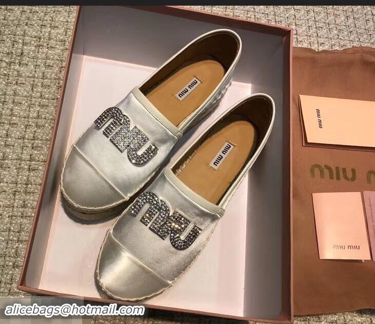 Unique Ladies Miu Miu Velvet Crystal Logo Platform Espadrilles MM81001 Silver