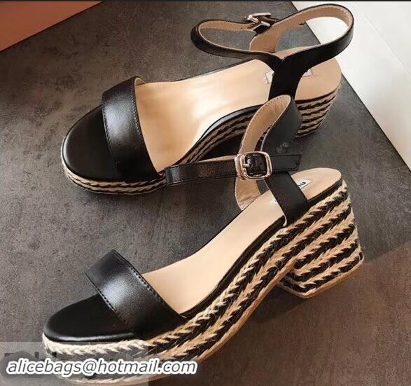 Cheap Price Miu Miu Heel 7cm Cord Platform Sandals MM9521 Black 2019